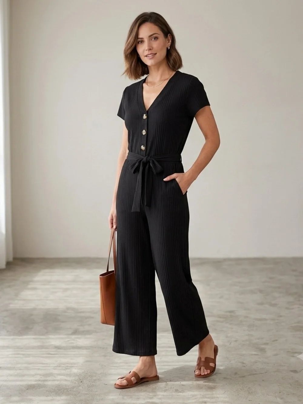 Banana Republic Ribbed Knit Short Sleeve Cropped Wide Leg Jumpsuit Black Size M
